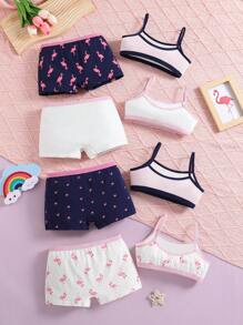年轻女孩女学生内衣可爱独角兽火烈鸟吊带背心和内裤 3 件套 - 彩色 - 查看 2