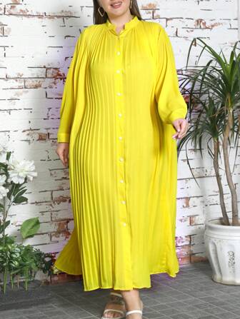 Plus Notched Neckline Batwing Sleeve Pleated Dress