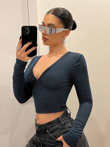 SHEIN ICON 修身款V領兩色斑點休閒長袖T卹 - 深灰色 - 查看 2
