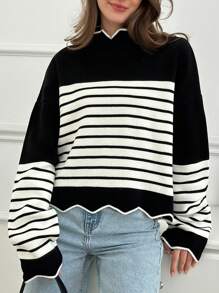 EURMUSE Women Stripe Pattern Mock Neck Drop Shoulder Pullover - Black - View 8