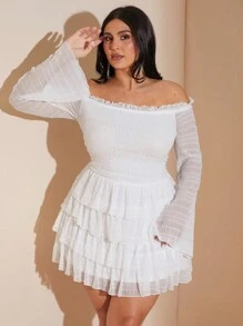 SHEIN BAE Plus Size Fall Sweet And Sexy White Ruffle Texture Off-Shoulder Long-Sleeved Pleated Layered Ruffle Mini Dress