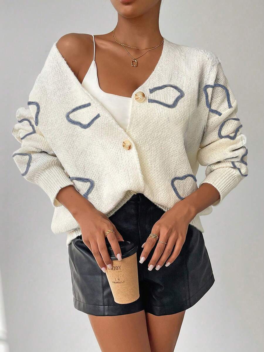 SHEIN LUNE Women's Loose Casual Geometric Pattern Drop Shoulder Long Sleeve Cardigan, Autumn/Winter Fall Cloth For Women - Beige - View 1
