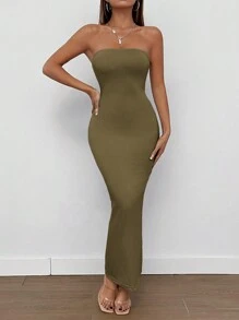 SHEIN PETITE 开叉背筒夏季女装连衣裙 - 橄欖綠 - 查看 1