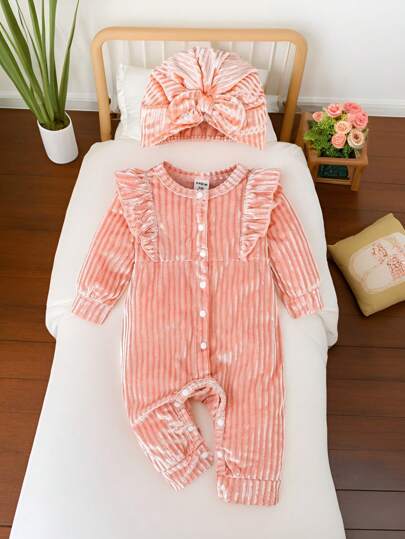 2pcs/Set Baby Girls Ribbed Knit Plush Warm Romper Jumpsuit + Stylish Hooded Hat, Autumn Winter