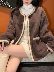 DAZY Women Round Neck Warm Cardigan Regular Jacket, Winter,Fall Women Clothes,Thermal Lined Women Coats - Coffee Brown - View 1