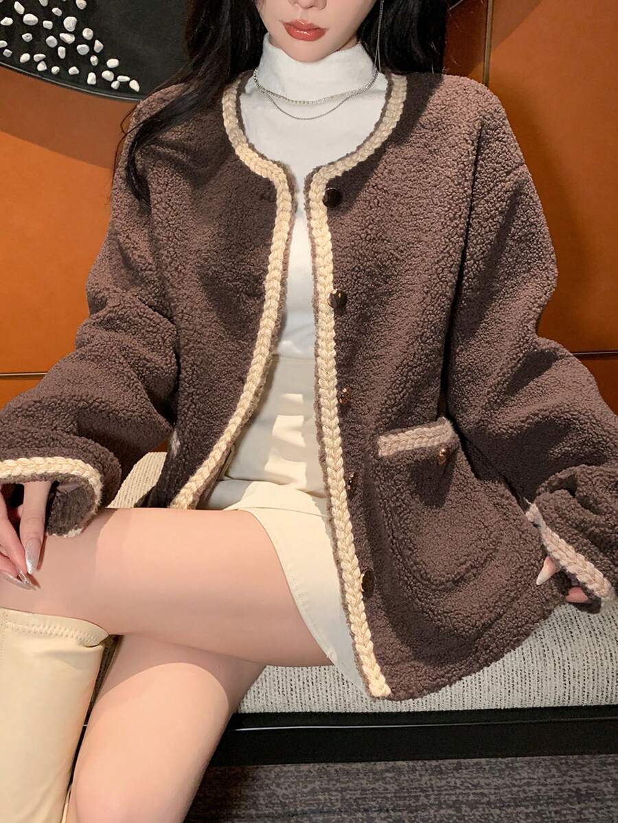 DAZY Women Round Neck Warm Cardigan Regular Jacket, Winter,Fall Women Clothes,Thermal Lined Women Coats - Coffee Brown - View 1