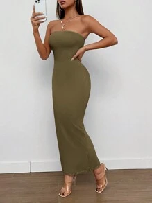 SHEIN PETITE 开叉背筒夏季女装连衣裙 - 橄欖綠 - 查看 5