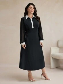 BizChic Vestito elegante a maniche lunghe con bottoni e contrasto di colori bianco e nero, taglia comoda - nero - Visualizzare 7