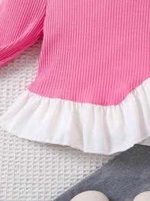 SHEIN Genkimix Kids 年轻女孩T恤，休闲乡村百搭百搭，适合春秋冬 - 玫紅色 - 查看 5