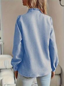 休闲宽松长袖纽扣荷叶边领衬衫 - 藍色 - 查看 2
