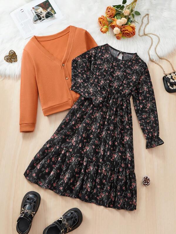 2pcs/Set Tween Girls'' Solid Color Single-Breasted V-Neck Long Sleeve Jacket And Ditsy Floral Long Sleeve Round Neck Dress, Fall