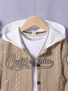 SHEIN Young BoyLetter Embroidered Varsity Jacket, Getaway, Holiday, Travel, Relax, Sunbathing, Summer - Khaki - View 4