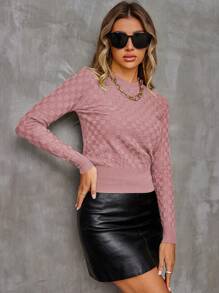 AAmilife Checkerboard Crew Neck Women Long Sleeve Sweater,Long Sleeve Tops - Dusty Pink - View 6