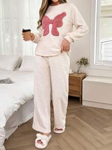 Contrast Color Bow Embroidered Trim Plush Homewear Set - Beige - View 4