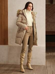 Anewsta Women's Long Khaki Coat With Detachable Fur Collar
