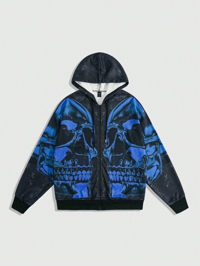 Street Life Sudadera con capucha de manga larga con cremallera delantera y estampado de calavera para hombre, uso casual diario