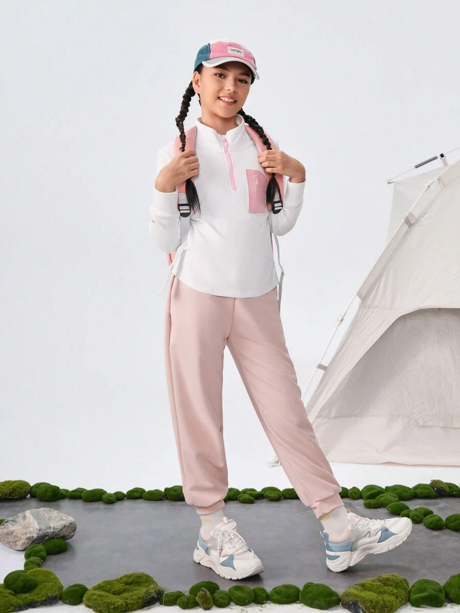 SHEIN Áo khoác lót lông cừu mềm mại thời trang ngoài trời cho bé gái tuổi teen, thu/đông, cổ đứng kéo khóa nửa - trắng - Xem 1