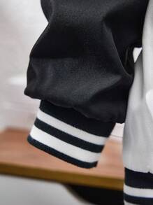 Tween Boy Contrast Color Pocket Letter Print Fleece Baseball Jacket, Suitable For Autumn, Spring And Winter, Suitable For Outdoor Play, Street Shooting, Party And Leisure, Good Cost Performance - Black and White - View 4