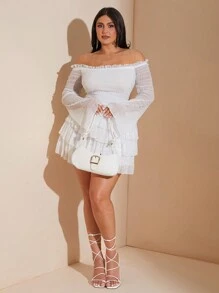 SHEIN BAE Plus Size Fall Sweet And Sexy White Ruffle Texture Off-Shoulder Long-Sleeved Pleated Layered Ruffle Mini Dress