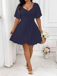 SHEIN Unity Plus Size Solid Color Sweetheart Neck Short Sleeve Dress - Navy Blue - View 5