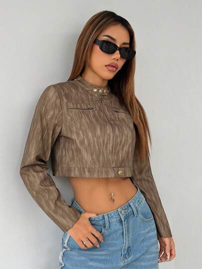 SHEIN PETITE Handsome Women's Jacket With Sfumato PU Fabric Zipper Decoration