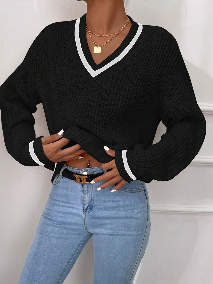 SHEIN Frenchy Women's Casual Loose Fit V-Neck Striped Long Sleeve Pullover Sweater For Autumn Fall Clothes Fall Women Outfits,Long Sleeve Tops Winter Black