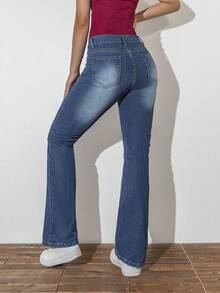 女款朋克風款式鉚釘彈性修身喇叭牛仔褲 - 深色水洗藍 - 查看 2