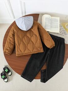 SHEIN 2pcs/Set Young Boys Casual Hooded  Cardigan Jacket And Washed Denim Pants, Comfortable Outfit For Daily Wear, Autumn Winter - Brown - View 2