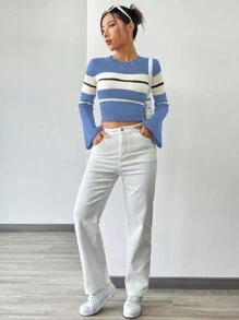 SHEIN Unity Women's Crew Neck Striped Print Contrast Color Long Sleeve Sweater - Blue - View 6