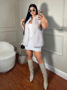 SHEIN SXY Women's Fashionable Fluffy Vest, Autumn & Winter - White - View 4