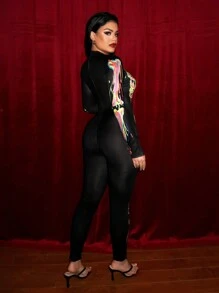 SHEIN SXY Bộ đồ liền thân dài tay hình bộ xương phát sáng trong bóng tối dành cho nữ trong lễ Halloween - Nhiều màu - Xem 2