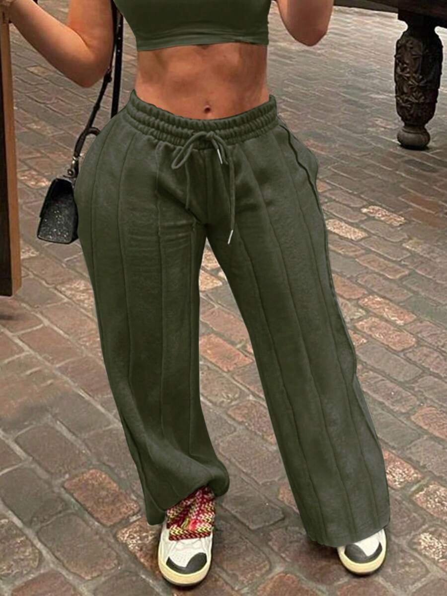 复古高腰抽绳宽松开衩阔腿运动裤,春秋季完美之选 - 軍綠色 - 查看 1