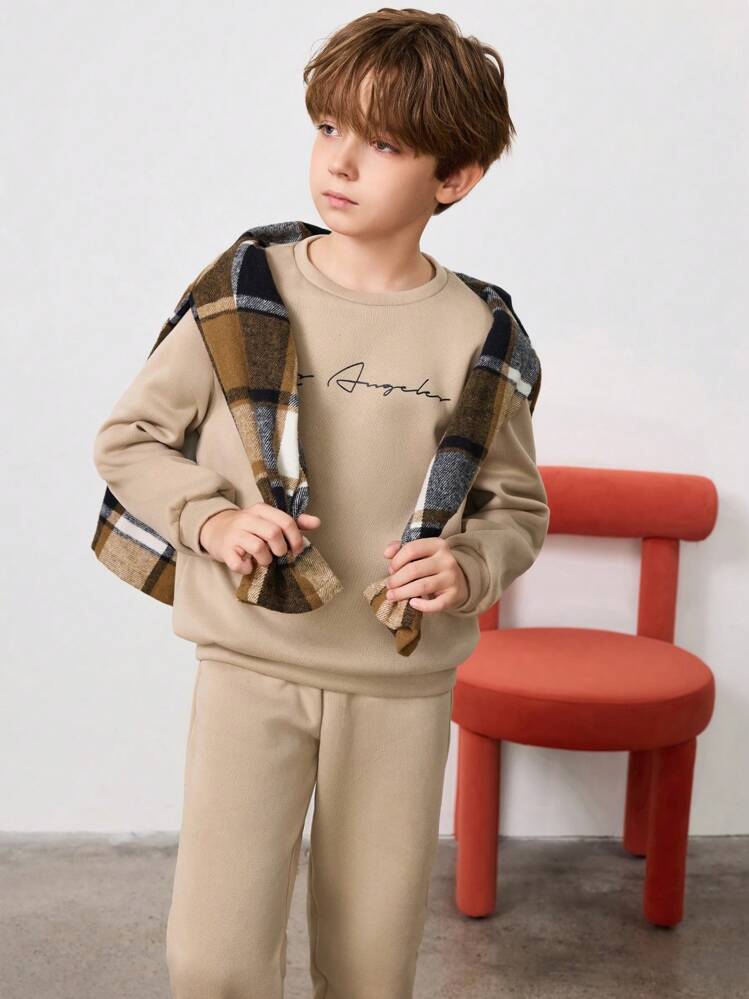 SHEIN Tween Boy Letter Graphic Thermal Pullover & Sweatpants - Beige - View 8