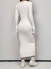 SHEIN EZwear 秋冬款 Polo 领长袖超长毛衣裙 - 白色 - 查看 2