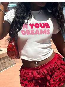 INAWLY Camiseta corta con gráfico de eslogan EN TUS SUEÑOS - Blanco - Ver 1