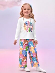 SHEIN X Care Bears Young Girl Colorful Sweet Stack Bear Print Loose Fit Flame Retardant Sleepwear Pajama Set, Including Long Sleeve Top And Pants