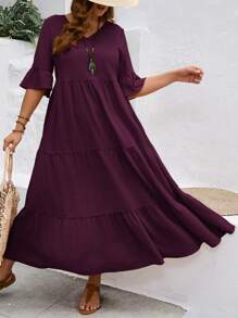 Rosumi 大码女式深 V 领荷叶边袖多层下摆长款黄色连衣裙（夏季）