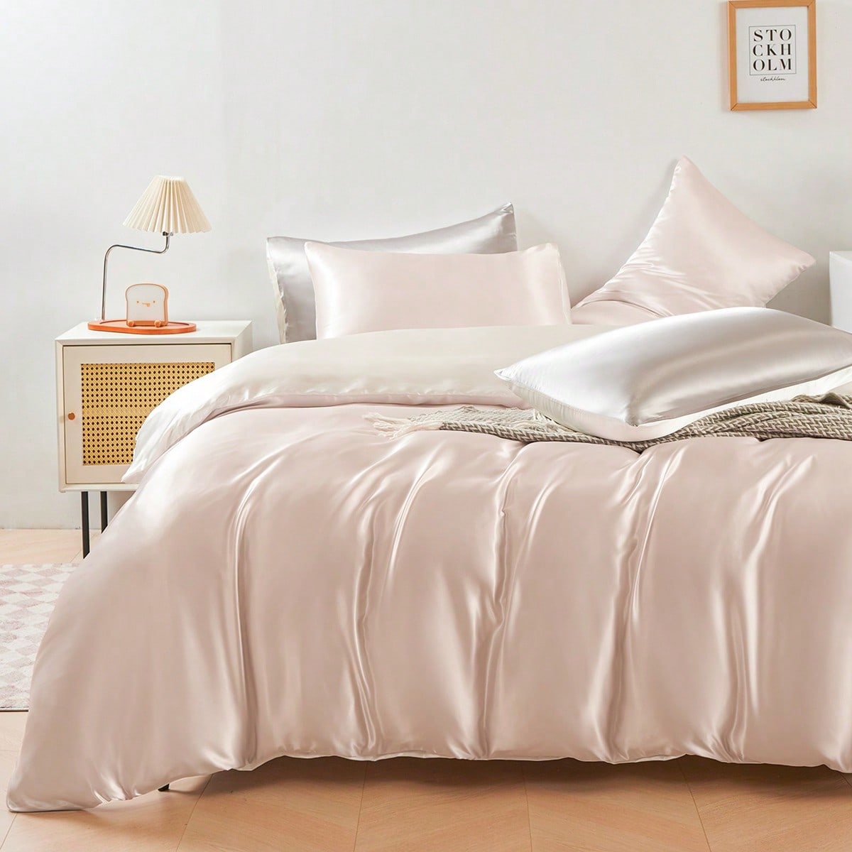 Piezas Juego de ropa de cama de satén de seda de lujo en rosa y blanco, suave y transpirable, resistente a las arrugas, promueve un mejor sueño, est