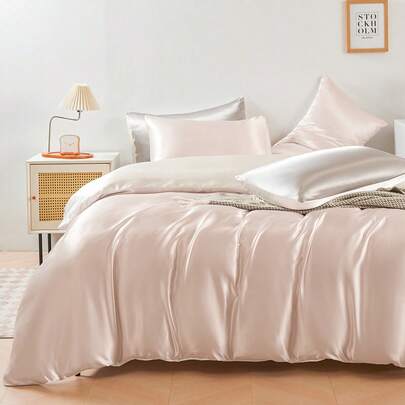 Bộ 3 món cao cấp màu hồng và trắng hai mặt bằng vải satin mềm mại, thoáng khí, chống nhăn, giúp ngủ ngon hơn, kiểu dáng khách sạn sang trọng, quà tặng cho bố mẹ và bạn bè, bao gồm 1 vỏ chăn và 2 vỏ gối, thích hợp cho ký túc xá và mùa tựu trường.