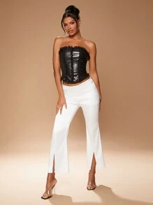 Hauture 纯色仿皮 PU 荷叶边细节抹胸 - 黑色 - 查看 5