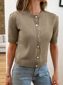 EURMUSE Gold Button Short Sleeve Elegant Cardigan - Beige - View 3