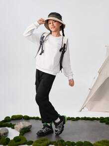 SHEIN 少女秋冬时尚蝴蝶动物图案抓绒保暖休闲运动套头卫衣，带口袋 - 白色 - 查看 6