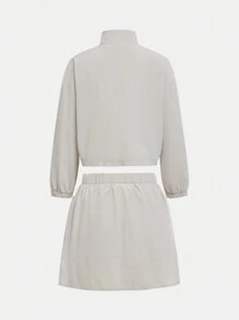 SHEIN Tween Girls Navy Blue Windbreaker, Skirt, Leggings Pocket Outdoor Sports Simple Commuter Woven Outfit