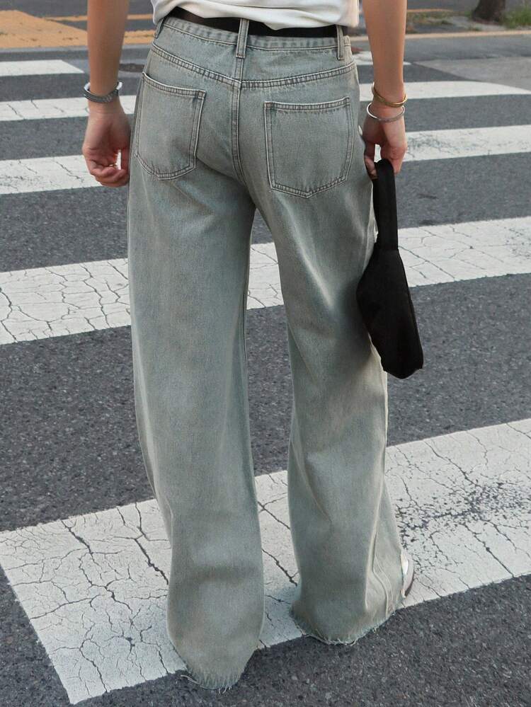 Women Vintage Distressed Pocket Wide Leg Jeans