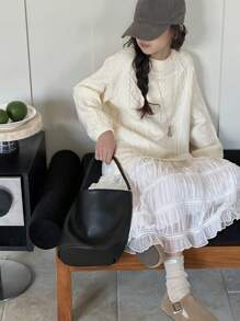 DAZY 青少年女孩粗针织撞色网眼毛衣裙，返校服装