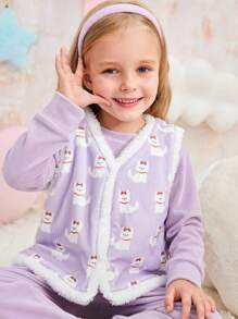 3pcs Young Girls Cute Puppy Purple Velvet Top Outfit With Vest And Pants Set, Warm Winter Loungewear - Purple - View 4