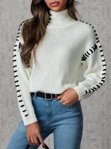 SHEIN Tall Casual Contrast Color Drawstring Stand Collar Sweater, Autumn Winter