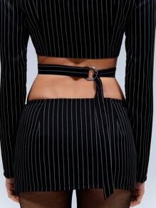 Pinstripe Belted Split Hem Micro Mini Skirt - Black - View 2