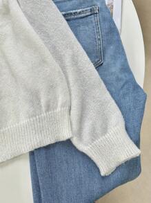 Chiquease Suéter sencillo de cuello redondo de manga larga y unicolor para mujer, uso diario casual - Beis - Ver 5