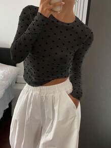 Livesso 女式圆点修身圆领长袖时尚透明衬衫 - 黑色 - 查看 4